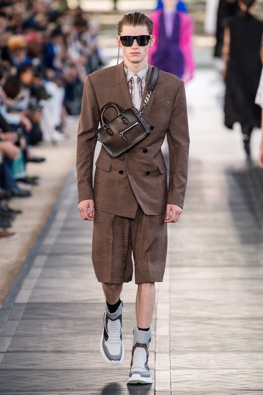 Spring Summer 20 Menswear, Belruti, Tailored Double Breasted Suit in Browns with Cross Body Bag