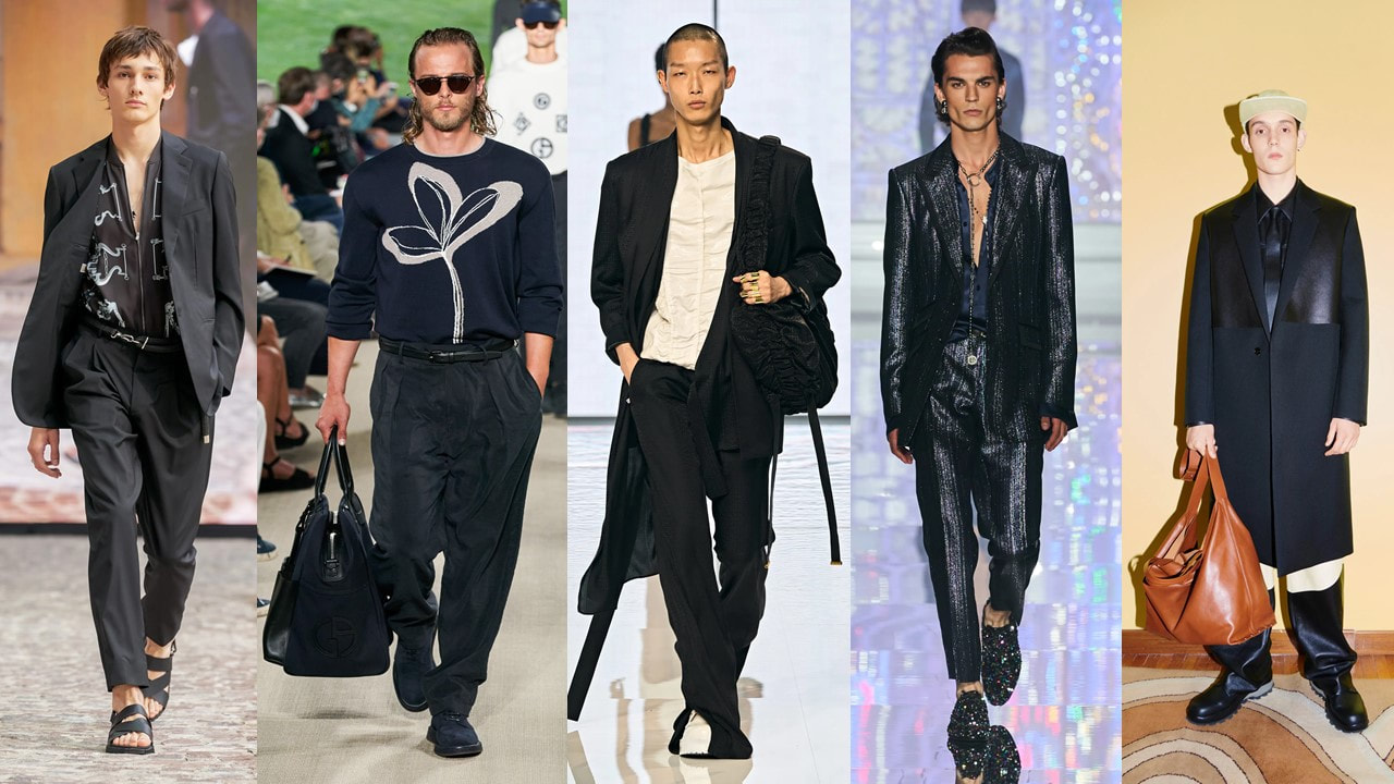 Black tailored suits, leather jackets and overcoats continued to be staple in SS22 Menswear Collections