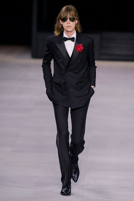 Spring Summer 20 Menswear, Celine, Tailored Double Breasted Tuxedo Suit in Black Color