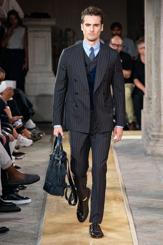 Spring Summer 20 Menswear, Georgio Armani, Three Piece Double Breasted Suit in Bold Stripes